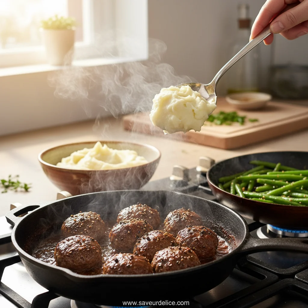 Boulettes de Bœuf Moelleuses, Purée Maison et Haricots Verts Frais - cooking process