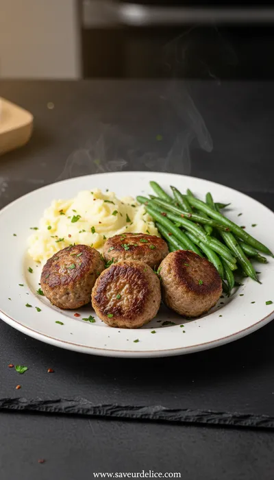 Boulettes de Bœuf Moelleuses, Purée Maison et Haricots Verts Frais - ready to serve