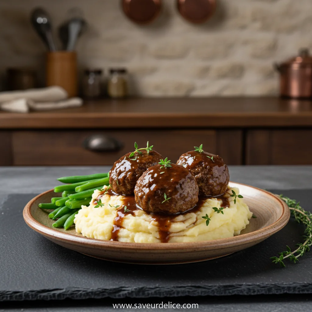 Boulettes de Bœuf Moelleuses, Purée Maison et Haricots Verts Frais