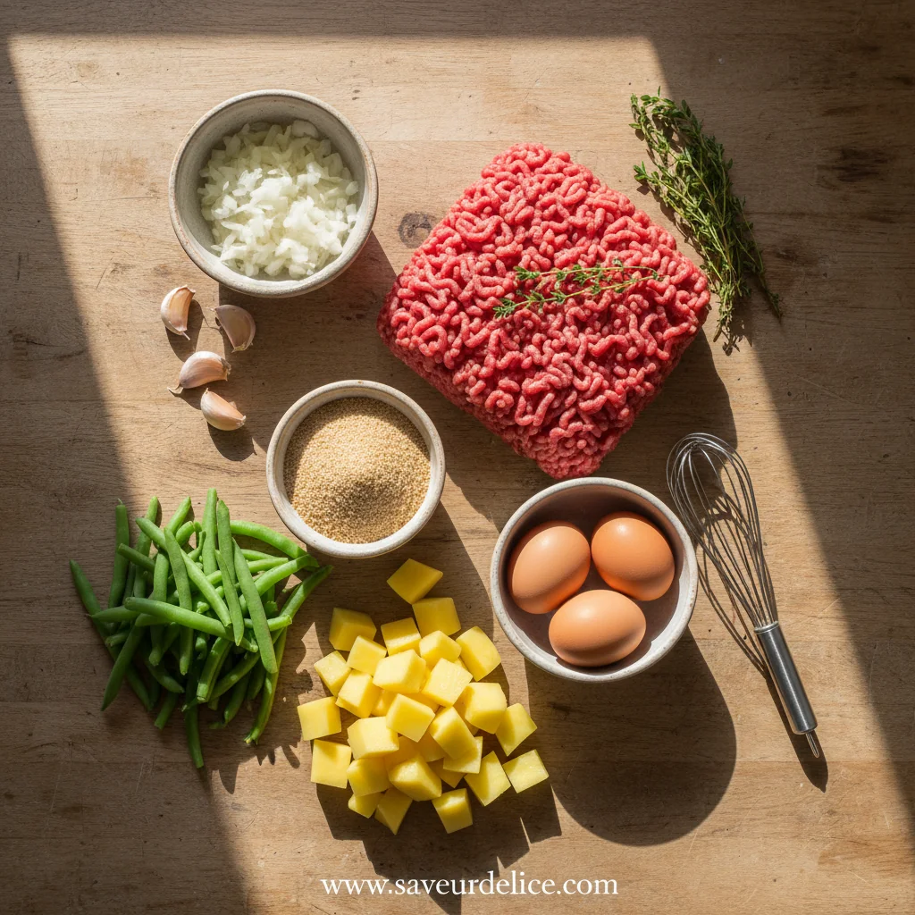 Boulettes de Bœuf Moelleuses, Purée Maison et Haricots Verts Frais - ingredients preparation