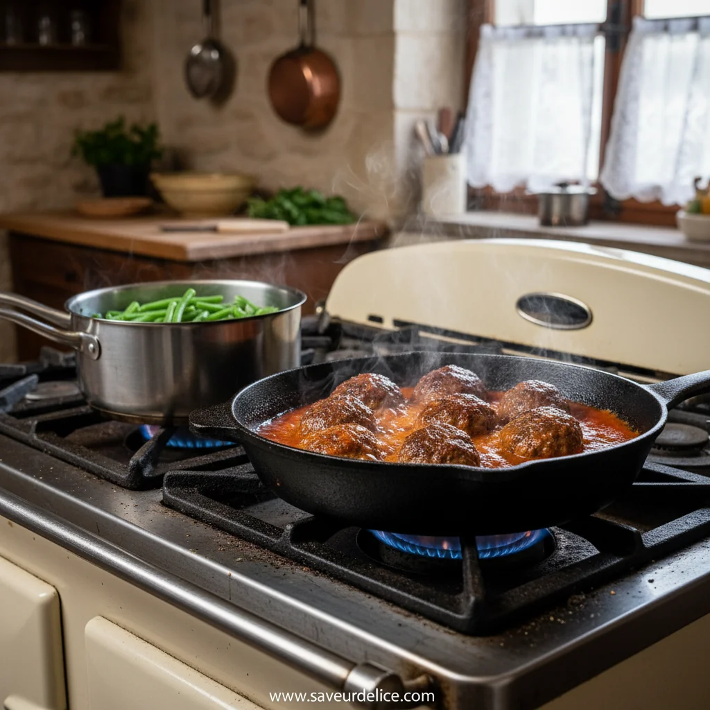 Boulettes de Bœuf Moelleuses, Purée Maison et Haricots Verts Frais - cooking process