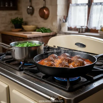 Boulettes de Bœuf Moelleuses, Purée Maison et Haricots Verts Frais - cooking process