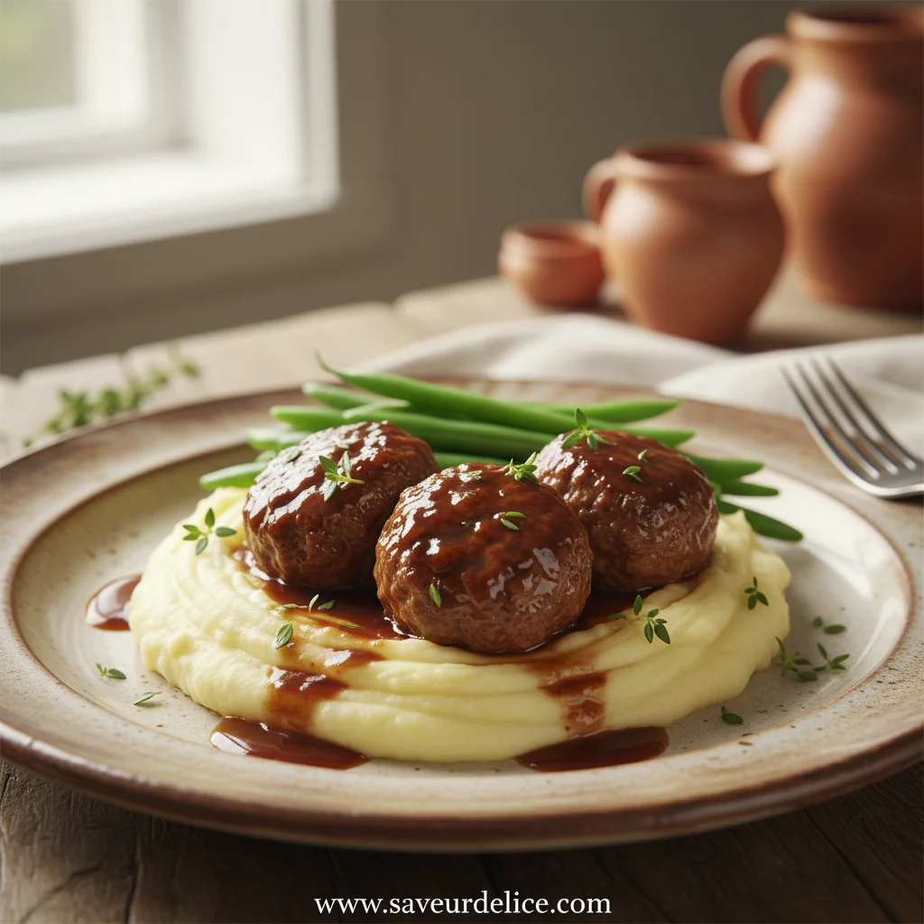Boulettes de Bœuf Moelleuses, Purée Maison et Haricots Verts Frais - ready to serve