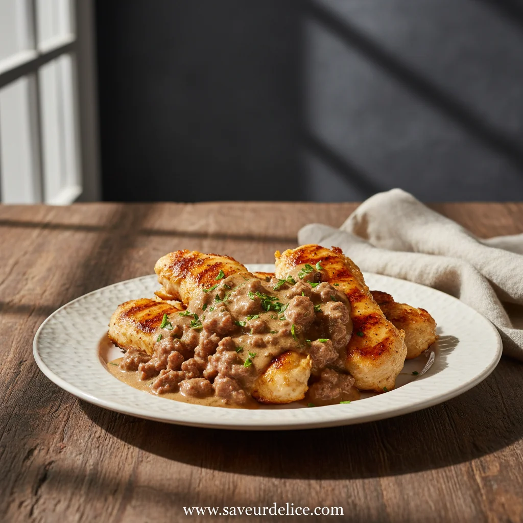 Aiguillettes de Poulet, Sauce Crémeuse à la Saucisse de Bœuf
