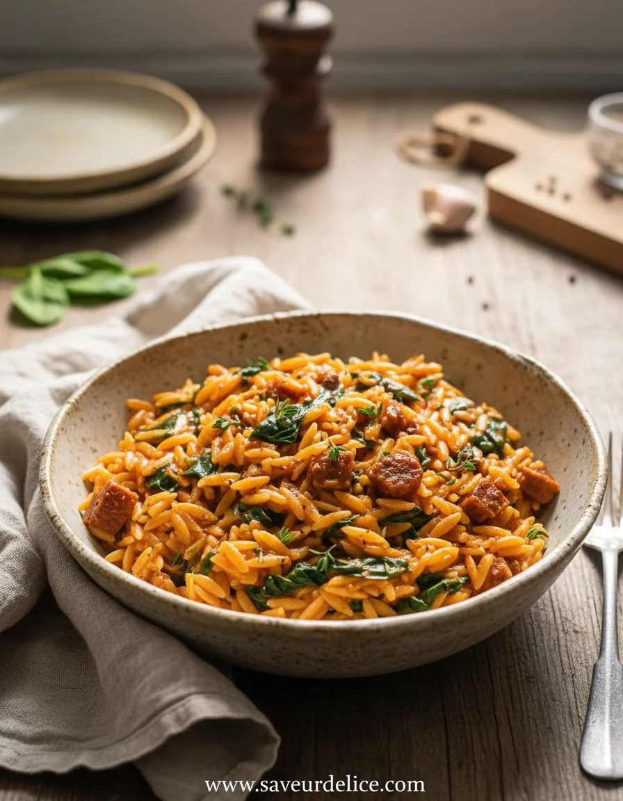 Orzo Crémeux à la Saucisse de Bœuf et Épinards