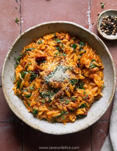Orzo Crémeux à la Saucisse de Bœuf et Épinards - ready to serve