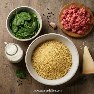 Orzo Crémeux à la Saucisse de Bœuf et Épinards - ingredients preparation