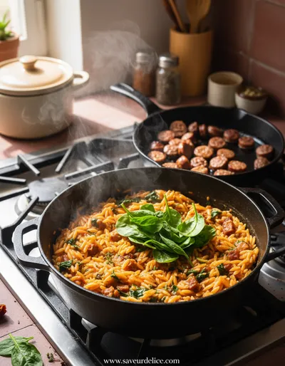 Orzo Crémeux à la Saucisse de Bœuf et Épinards - cooking process