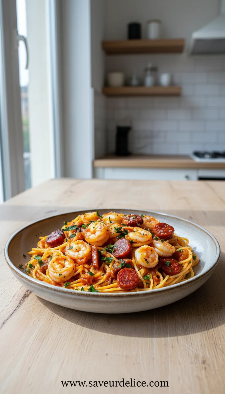 Spaghetti Crémeux au Poivron, Chorizo et Crevettes