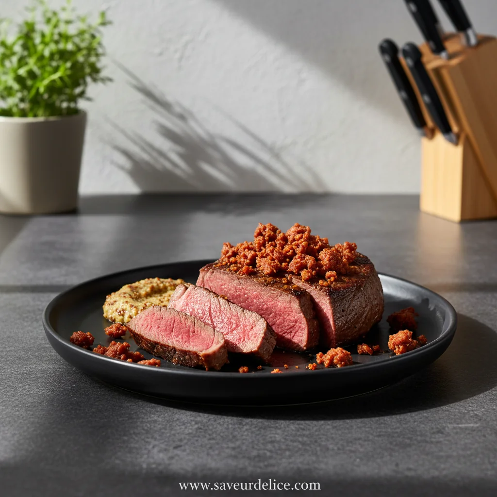 Filet Mignon, Croûte de Chorizo de Bœuf et Sauce Moutarde à l'Ancienne