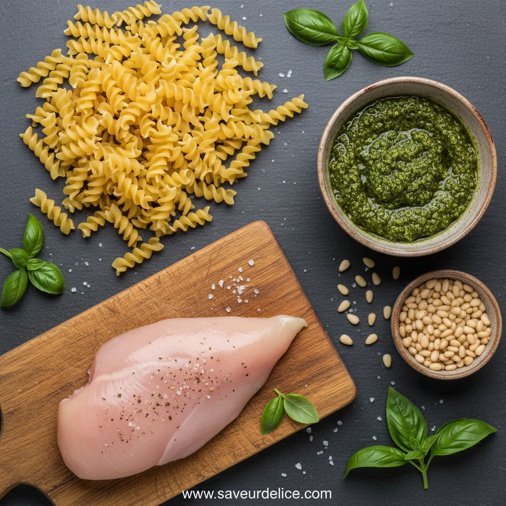 Pâtes Crémeuses au Poulet et Pesto : Mon Plat Doudou - ingredients preparation