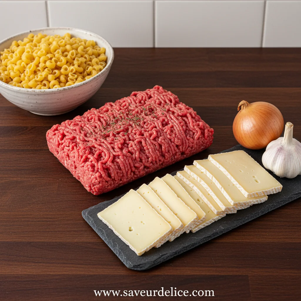 Mon Gratin de Coquillettes à la Raclette et Viande Hachée, le Plat Doudou par Excellence - ingredients preparation