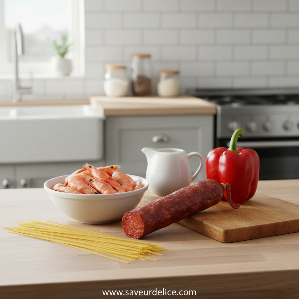 Spaghetti Crémeux au Poivron, Chorizo et Crevettes - ingredients preparation