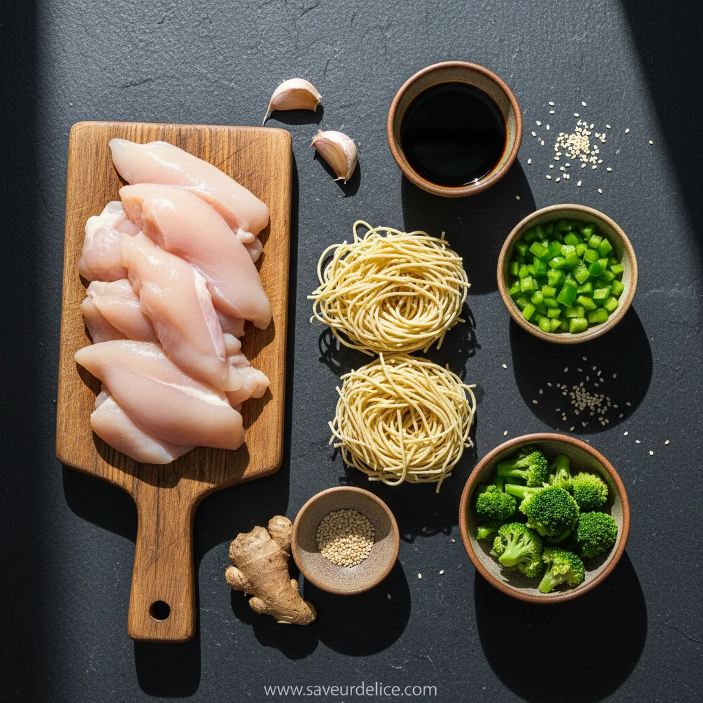 Nouilles Sautées au Poulet Caramélisé : La Recette Réconfort du Soir - ingredients preparation