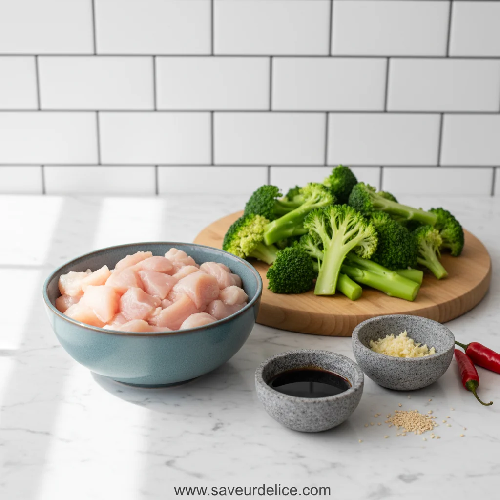 Sauté de Poulet et Brocoli à la Sauce Soja et Gingembre - ingredients preparation