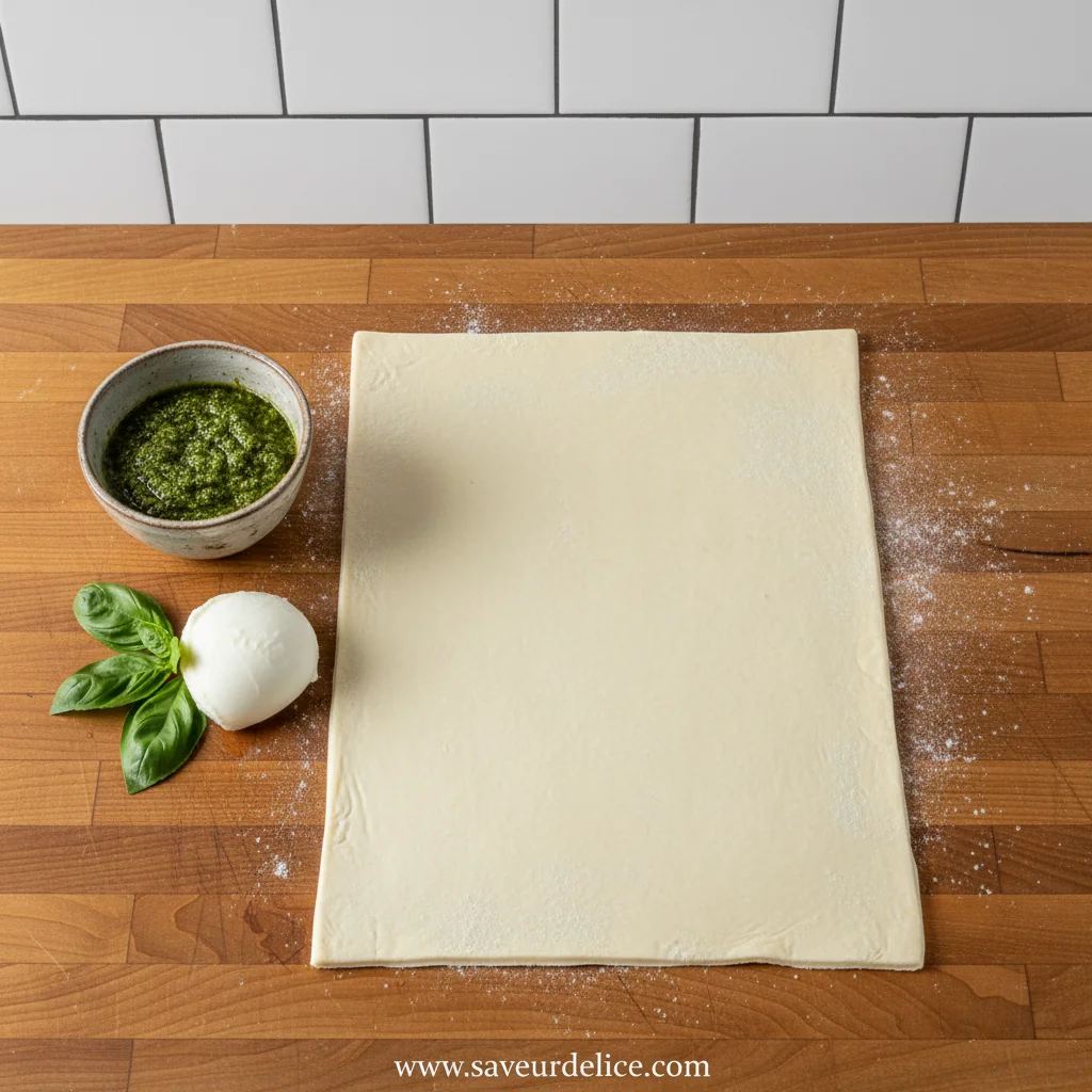Pesto & Mozzarella Puff Pastry Christmas Tree (Sapin Feuilleté) - ingredients preparation