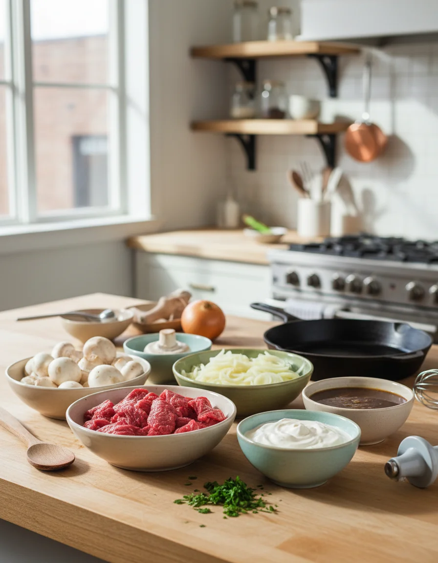 Recette de Bœuf Stroganoff : Facile et Crémeux - ingredients preparation