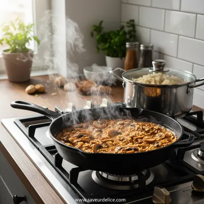 Stroganoff aux Champignons et Riz Brun, Réconfort Végétarien - cooking process