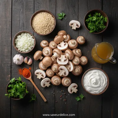 Stroganoff aux Champignons et Riz Brun, Réconfort Végétarien - ingredients preparation