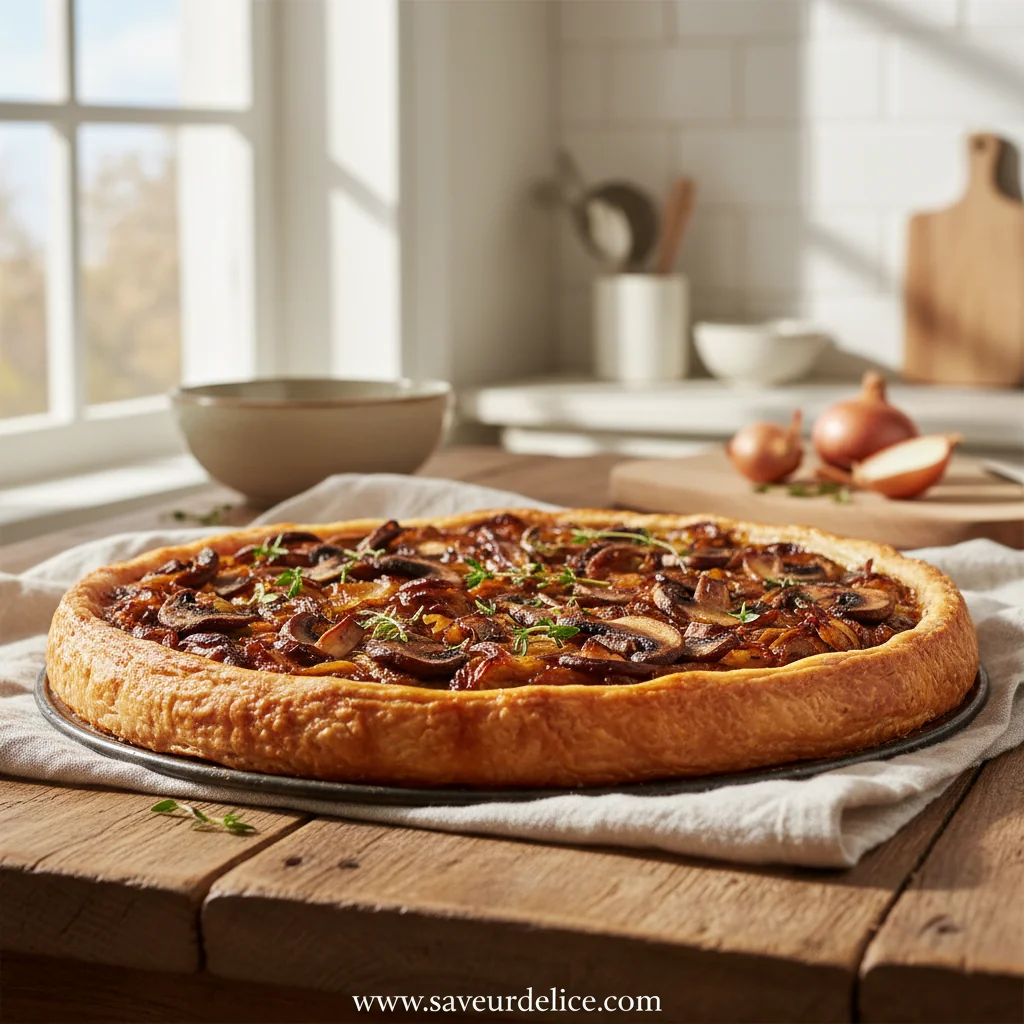 Tarte Rustique aux Oignons Caramélisés et Champignons - feature image
