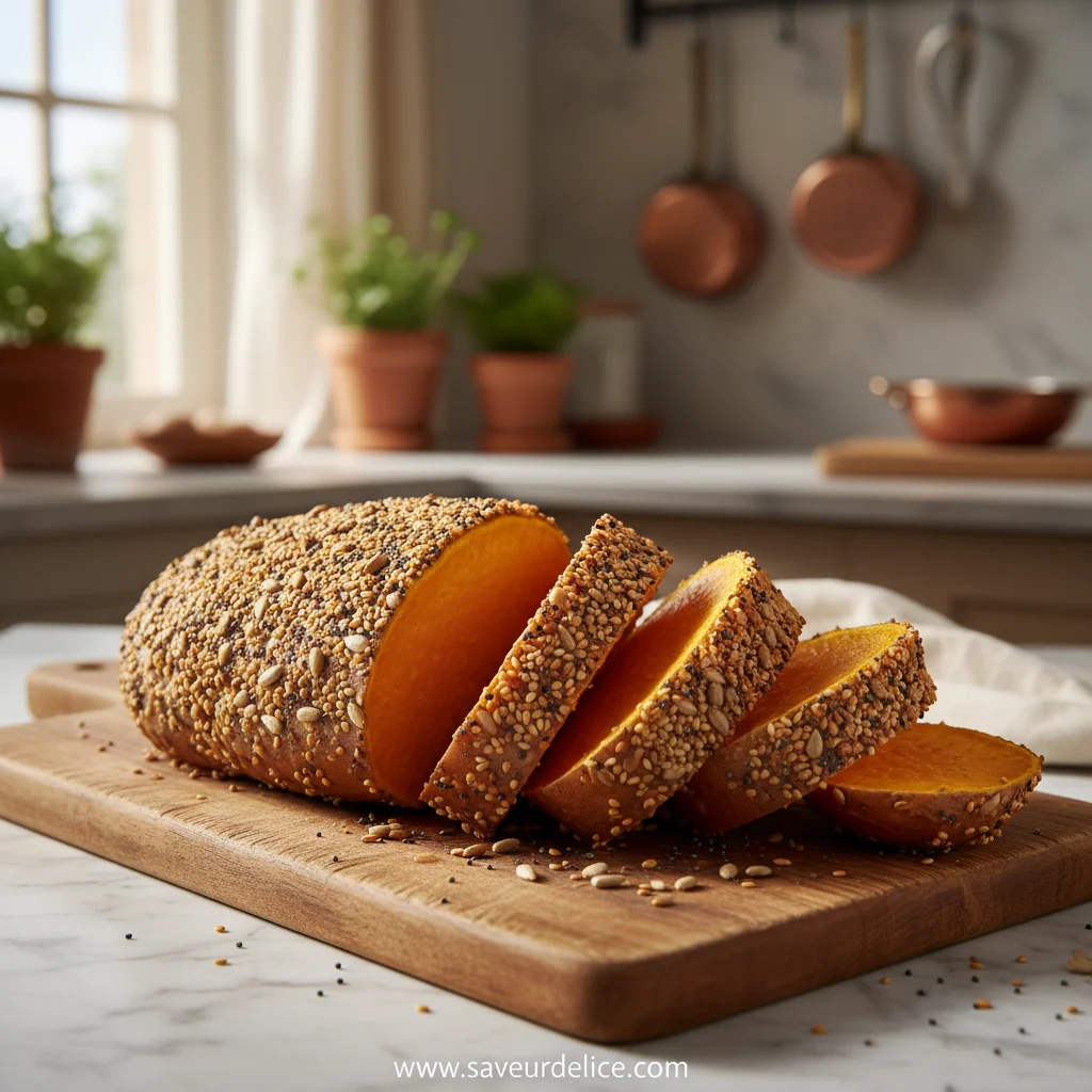 Patate Douce Rôtie en Croûte de Graines, Sauce Tahini et Érable