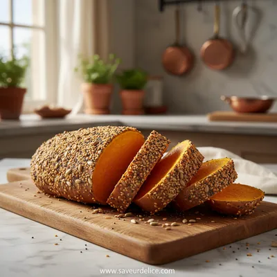 Patate Douce Rôtie en Croûte de Graines, Sauce Tahini et Érable