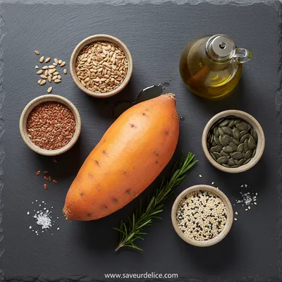 Patate Douce Rôtie en Croûte de Graines, Sauce Tahini et Érable - ingredients preparation