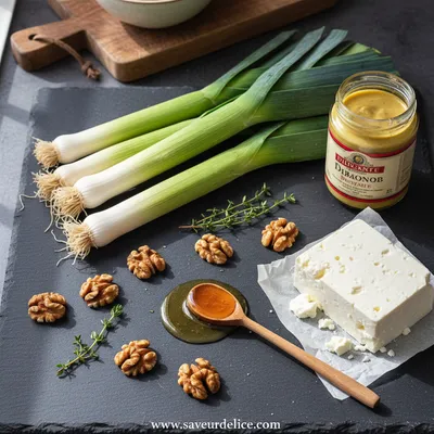 Poireaux Rôtis au Miel, Moutarde, Feta et Noix - ingredients preparation