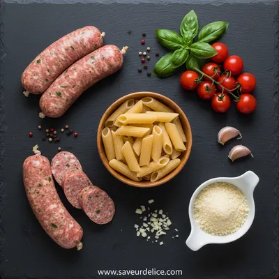 Pâtes Crémeuses à la Saucisse de Bœuf Façon Italienne - ingredients preparation