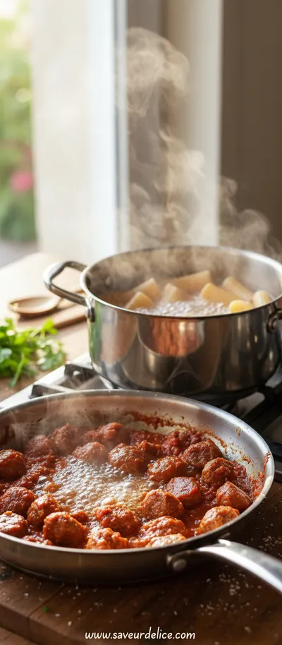 Pâtes Crémeuses à la Saucisse de Bœuf Façon Italienne - cooking process