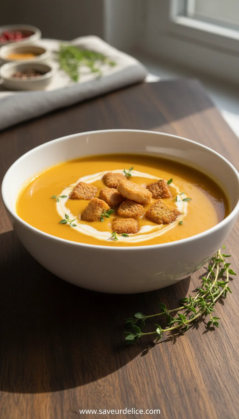 Soupe de Courge Épicée et Croûtons de Pain d'Épices - ready to serve