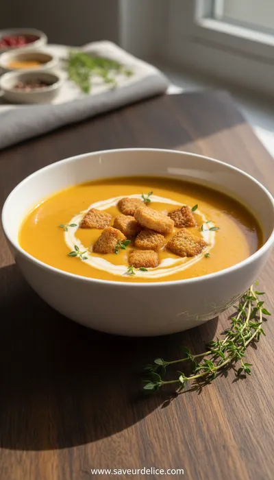 Soupe de Courge Épicée et Croûtons de Pain d'Épices - ready to serve