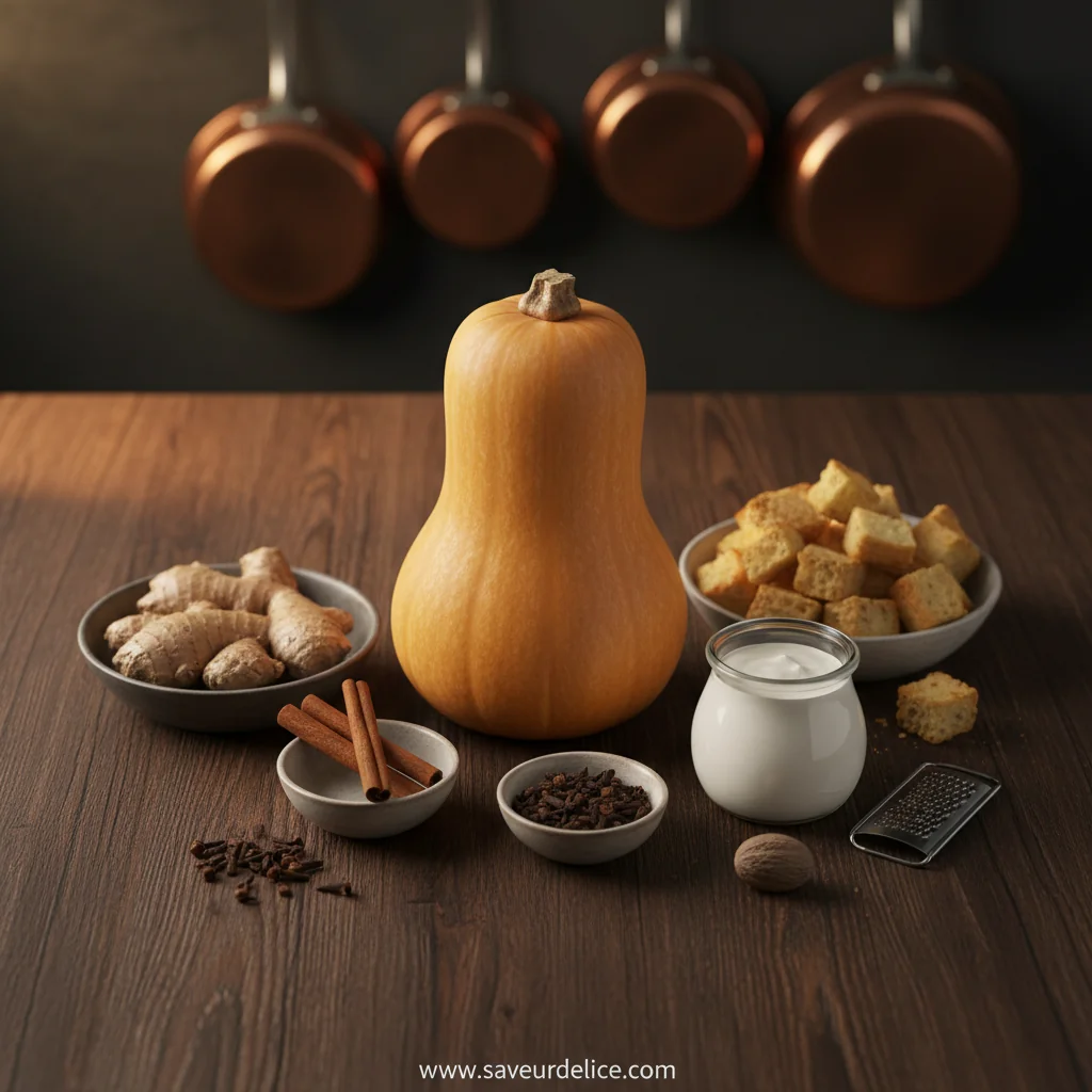 Soupe de Courge Épicée et Croûtons de Pain d'Épices - ingredients preparation