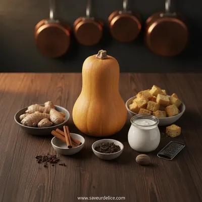Soupe de Courge Épicée et Croûtons de Pain d'Épices - ingredients preparation